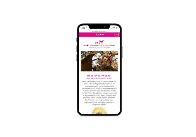 The home page for the Woof Gang Bakery & Grooming: “Your Neighborhood Pet Store”. There’s a sliding gallery of medium-sized images of the store and dogs shopping around at the top of the site, followed by a description of the store and services.