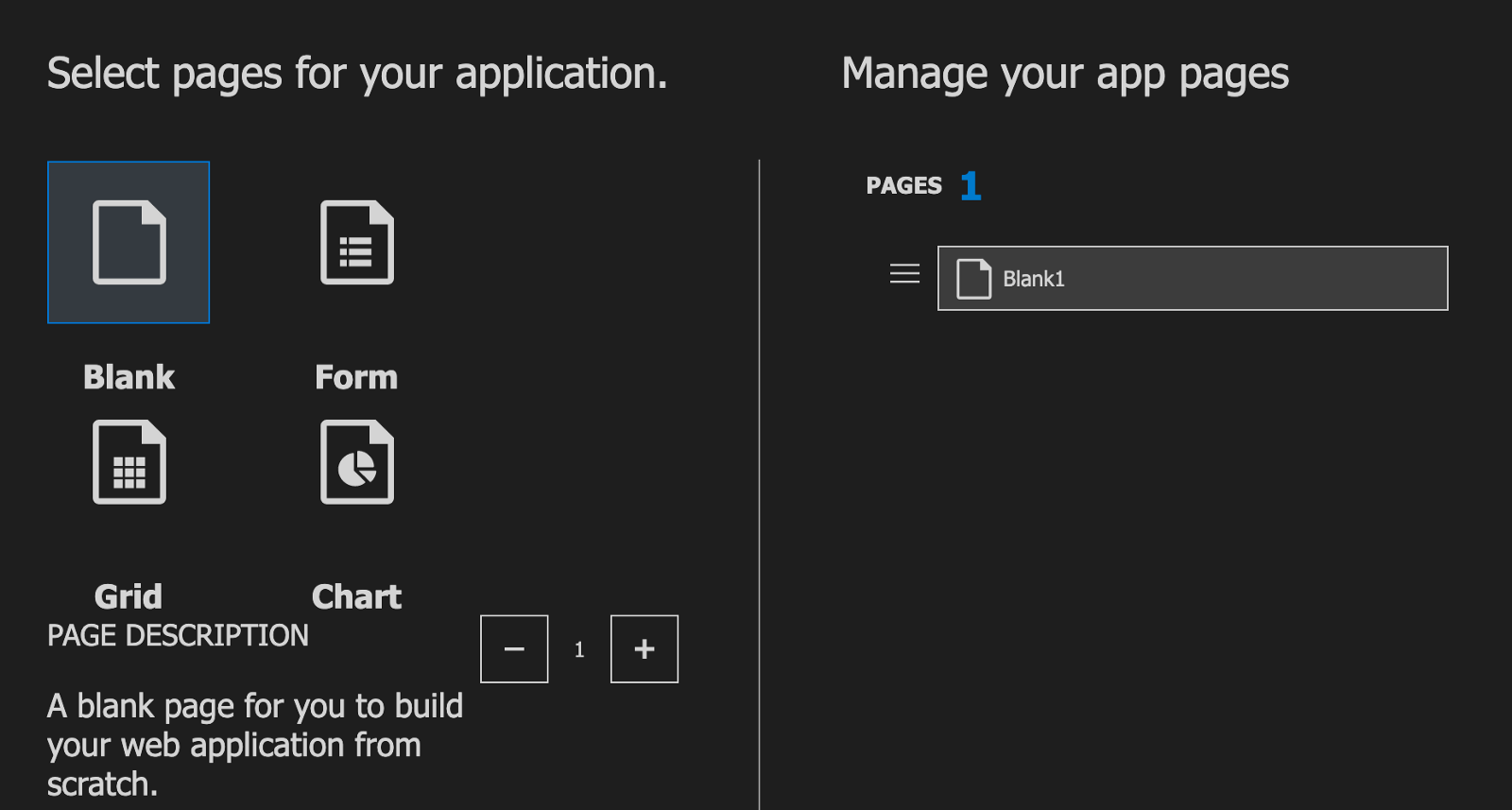Select pages for your application. We have chosen blank. Then Manage your app pages. We have 1 page.