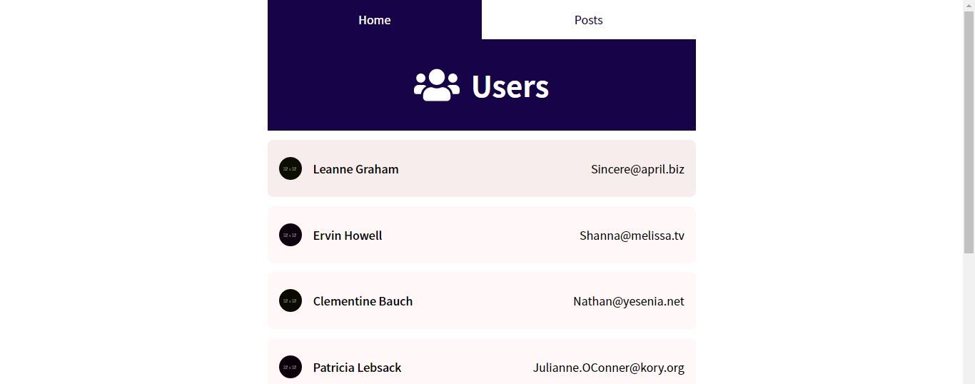 Project running in browser shows users list