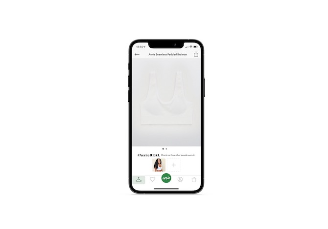 The Aerie app will show user-generated content beneath product photos where they are featured. In this example, we see the white Aerie Seamless Padded Bralette and a UGC example beneath it.