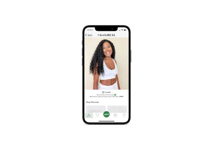 Aerie app shoppers interested in the clothes featured in UGC can click the photo and “Shop This Look”. We see the app do this below a photo of a young woman wearing a white bra and loose white shorts.
