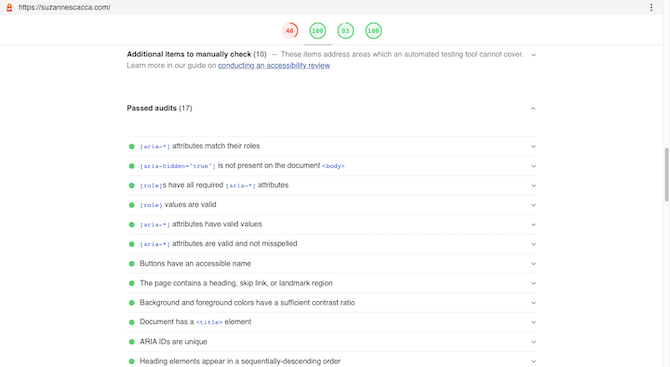 Google’s web.dev auditing tool tells users how well their website does in terms of accessibility. They’ll see a list of Passed audits and Failed audits related to ARIA attributes, skip links, color contrast, and so on.