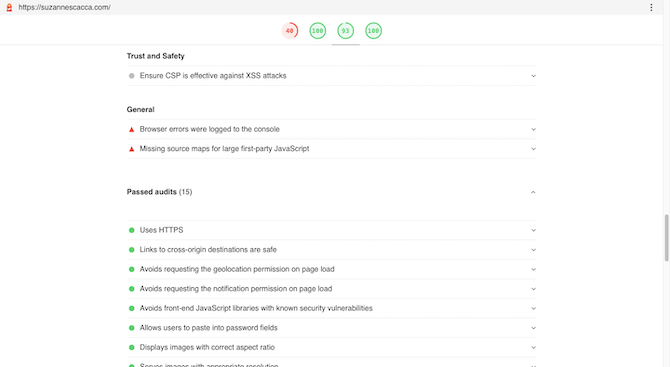 Google’s web.dev auditing tool tells users how well their website does in terms of website best practices. They’ll see a list of Trust and Security audits, General audits, as well as Passed audits related to factors like HTTPS, vulnerabilities, image aspect ratio, and so on.