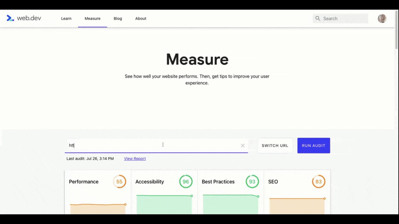 A GIF shows how the Google Web Vitals “Measure” tool works. Users enter their web page URL, click “Run Audit”, and then wait for their web vitals metrics and suggestions to populate.