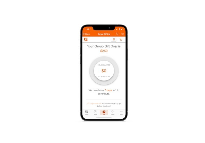 When a customer uses the Group Gifting feature in the Home Depot app, they can keep tabs on the Group Gift Goal and track how well everyone is doing in making their contributions.