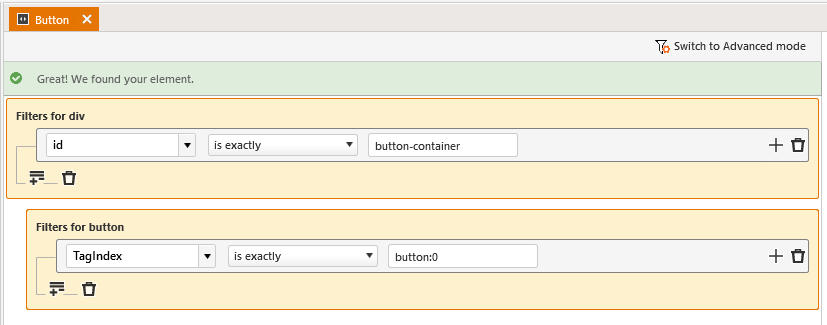 Element Find Expression - searching for div with id exactly matching button-container, and child filter searching for button TagIndex exactly matching button:0. The element is successfully found.