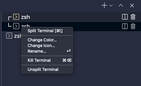 Menu shows options to split terminal, change color, change icon, rename, kill terminal, unsplit terminal.
