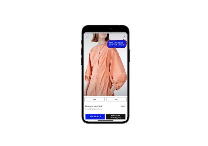 THE YES app reminds customers that they can share items with their BFFs. On the product page, they see a blue quote bubble that says: “Hmm… Should you do it? Ask a friend!”