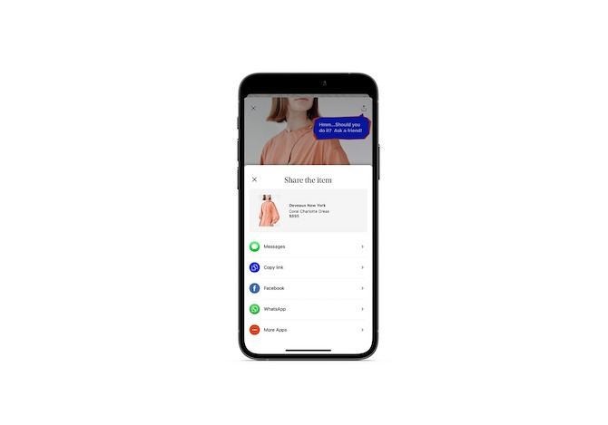 When THE YES shoppers decide to share an item with others, they see a pop-up with a summary of the product followed by share links for Messages, Copy link, Facebook, WhatsApp and More Apps.