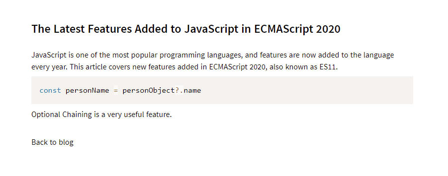The full blog post 'The latest features added to JavaScript...', and a 'Back to blog' link at the bottom