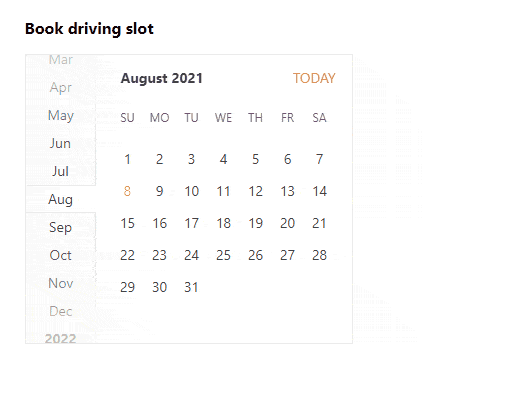 Book driving slot: Once a date is selected, available time blocks appear to the right of the calendar. Changing the selected date changes the available time blocks.