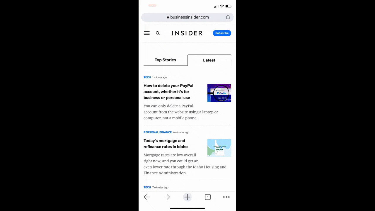 The Business Inside mobile menu opens up a full-screen menu. Top-level links for Business, Life, News, Reviews, and All have blue plus-signs next to them that reveal additional menu links.