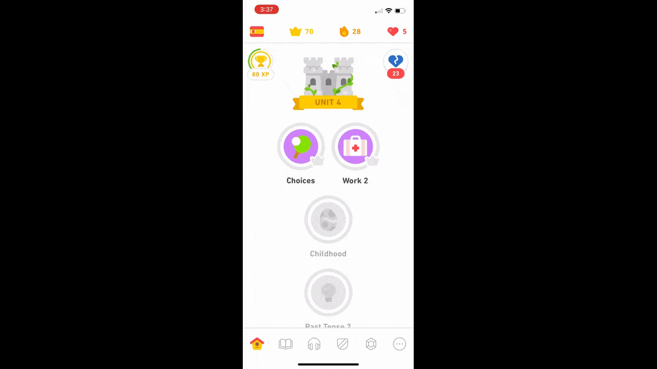In the Duolingo mobile app, users can access four different menu features at the top of the interface. The flag allows them to switch between languages. The crown allows them to see their progress. The fire icon tells them what sort of streak they’re on. And the hearts tell them how many free lives/attempts they have remaining.