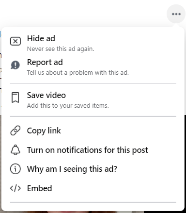 Facebook provides a context menu dropdown for posts with different menu options. Dropdowns can display different options based on the post type such as a standard user post, an image, a video, or an advert.