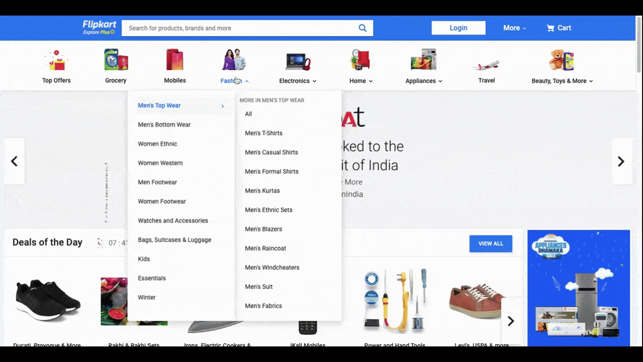 On the Flipkart website, the dropdown menu’s shape changes based on how many subcategories are shown for Fashion.