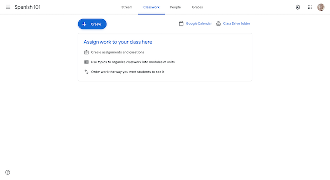 Google Classroom allows teachers to create classwork for their students. They can use the big blue “+ Create” button to start creating assignments. Or, if they need help getting started, they can read Google’s note about how to “Assign work to your class here”.