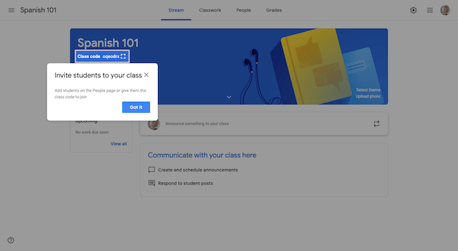 After a teacher creates a new class in Google Classroom, they see a tooltip that shows them how to “Invite students to your class” using a QR code.