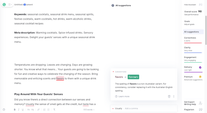 Inside the Grammarly app, someone works on writing an article. The main part of the app is the editor. On the right is an “Assistant” sidebar where users see their Overall Score, Goals, and All Suggestions related to Correctness, Clarity, Engagement, Delivery, and Premium features.