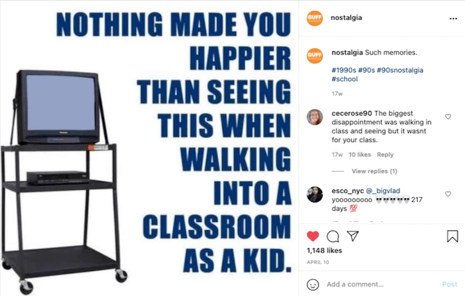 An Instagram post from @nostalgia shows an old TV strapped to a wheeled cart and this: “Nothing made you happier than seeing this when walking into a classroom as a kid.”