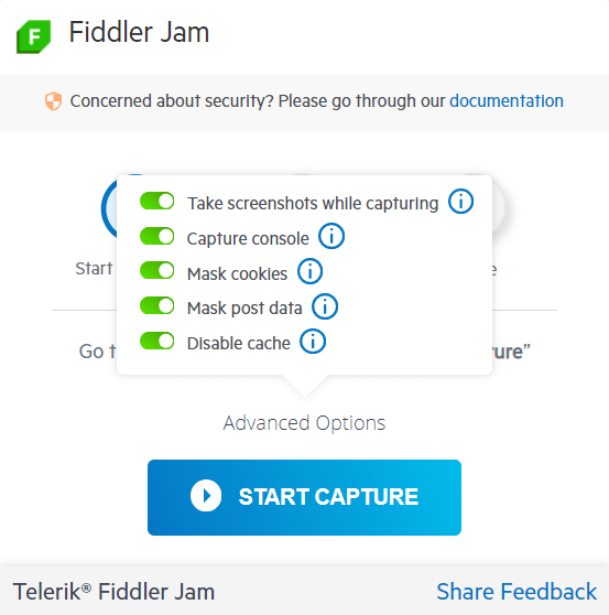 Above the Start Capture button, the user has clicked on Advanced Options. The five settings mentioned above are shown toggled on.