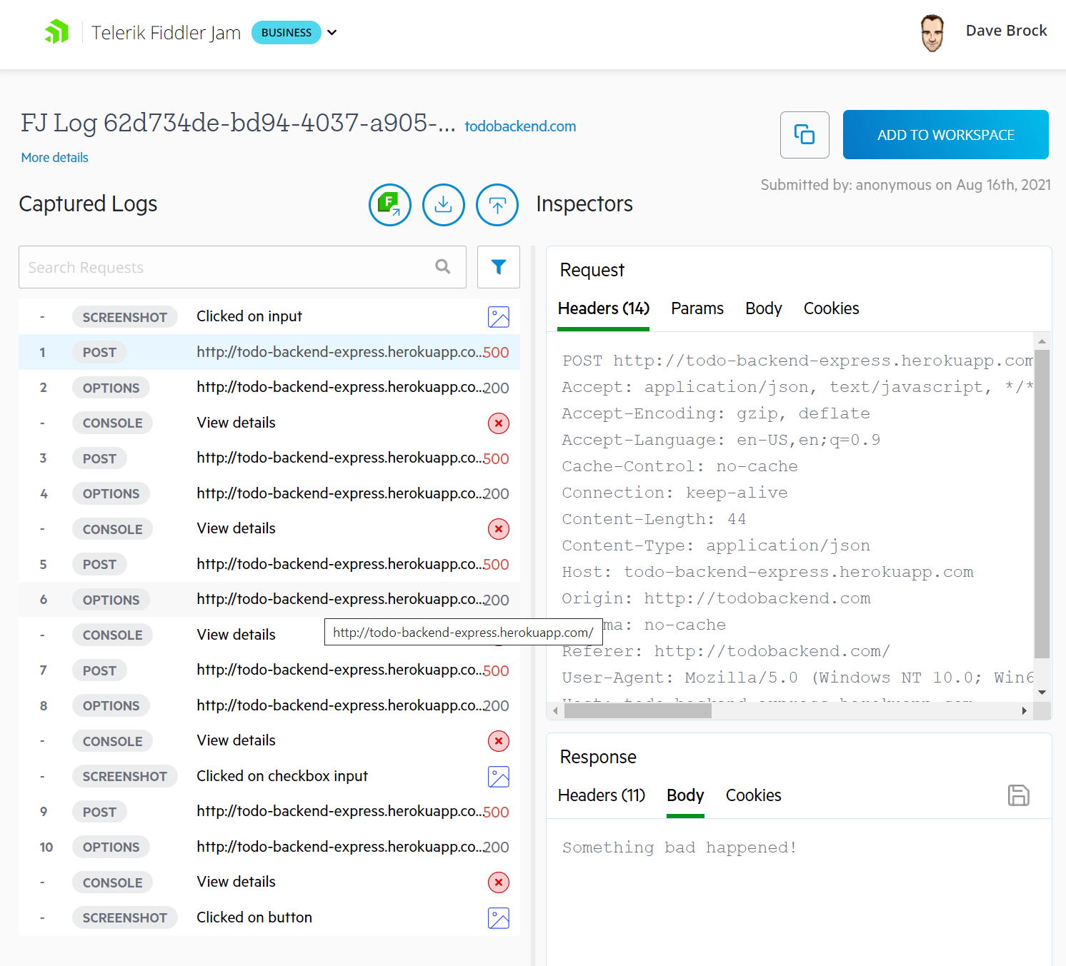 The captured logs show the actions taken, the Request logs, and the Response logs