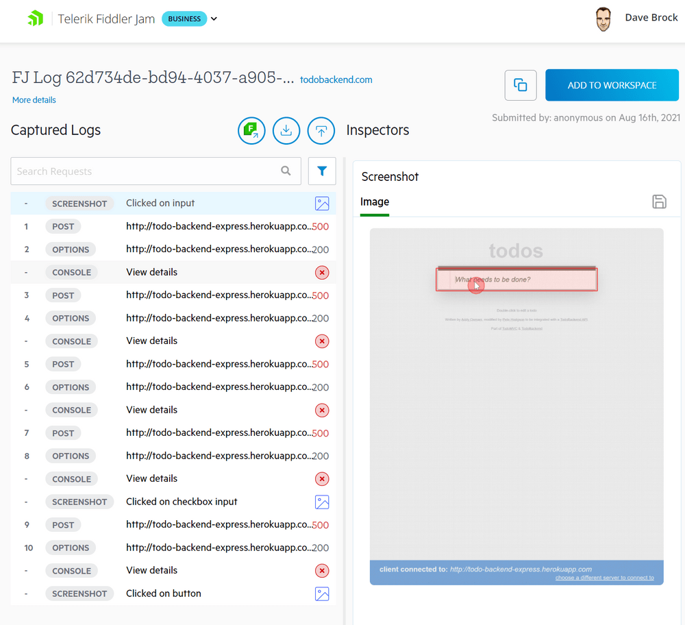 The log for 'Screenshot - clicked on input' is selected, and the inspector shows a screenshot revealing a user click on Todos: What needs to be done?