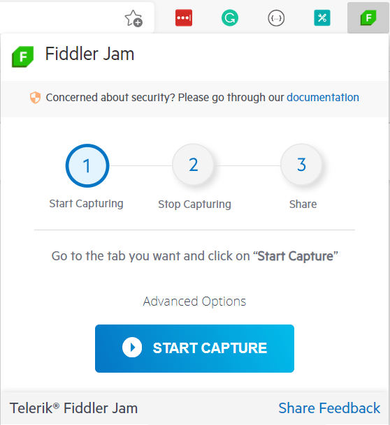 Fiddler Jam's three step: Start capturing, stop capturing, share. We're on Start Capture.