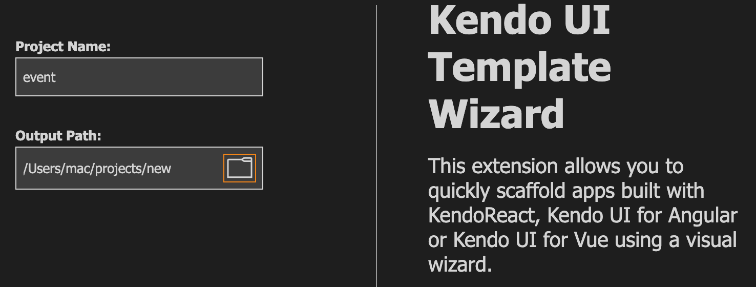 Kendo UI Template Wizard has fields for Project Name and Output Path