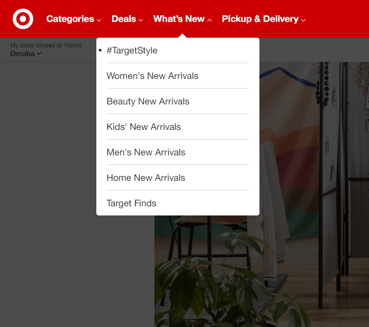 The Target website navigation bar. Clicking on What’s New opens a dropdown menu with #targetstyle, women’s new arrivals, beauty new arrivals, etc.