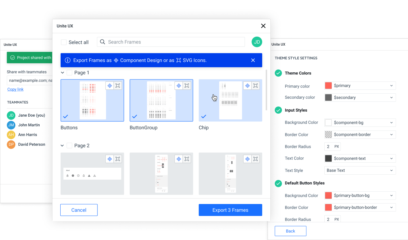 Unite UX frame export—Export frames as component design or SVG icons.