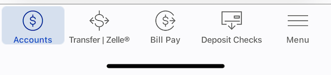 The Bank of America mobile app menu contains the following icons with labels: Accounts (dollar sign in a circle icon), Transfer | Zelle (dollar sign with arrows on each side icon), Bill Pay (dollar sign in a circle with a right-facing arrow icon), Deposit Checks (check with a down-facing arrow icon), Menu (hamburger menu icon).