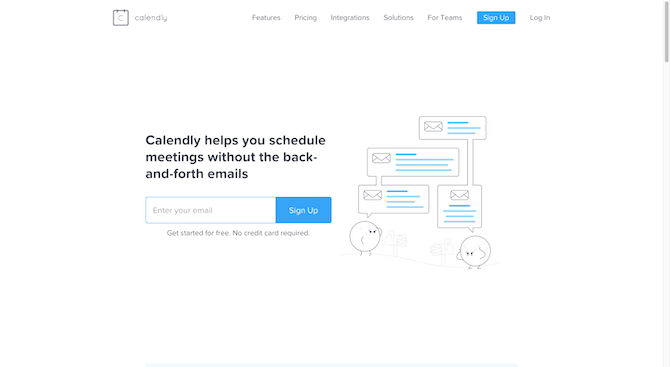 The Calendly website in January 2021 has a very minimal design. The hero image says “Calendly helps you schedule meetings without the back-and-forth emails” and has a single field for email and a “Sign Up” button alongside an illustration.
