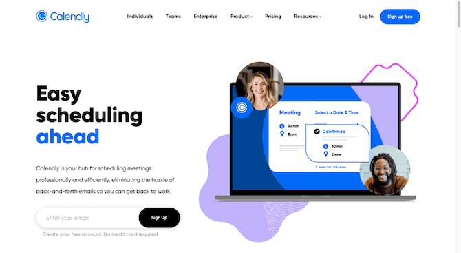 The Calendly home page in September 2021 has a new, bolder look. At the top of the hero image it reads “Easy scheduling ahead”, followed by a description of what the app does and an email sign-up form. The graphic is an illustration of how people use the app to schedule meetings.
