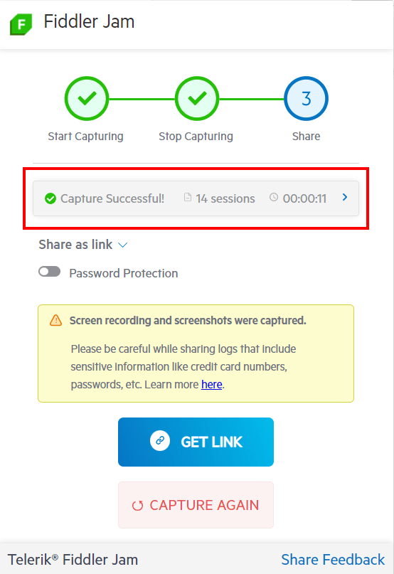 Click Capture Successful to get high-level session details