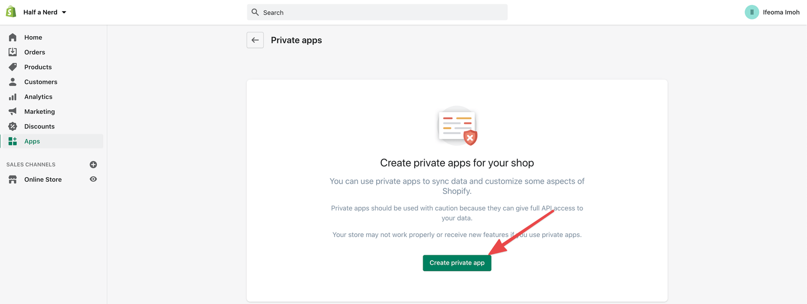 Shopify create private app link