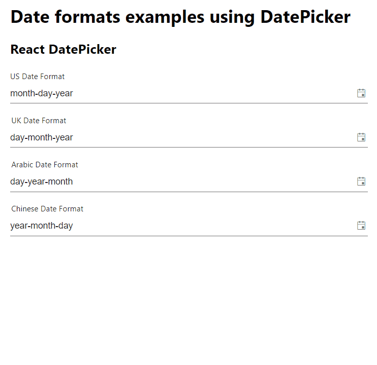 KendoReact DatePicker components with different date formats.