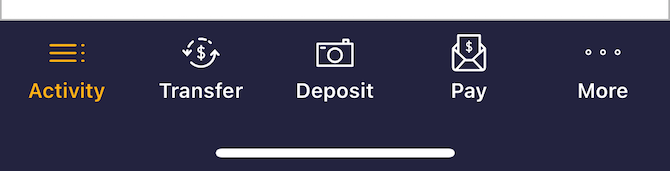 The Discover mobile app menu contains the following icons with labels: Activity (table lines icon), Transfer (dollar sign inside transfer arrows icon), Deposit (camera icon), Pay (envelope with payment icon), More (ellipsis icon).