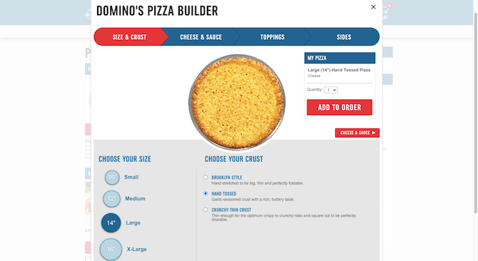 The Domino’s website ordering form is a pop-up Pizza Builder. At the top are steps for Size & Crust, Cheese & Sauce, Toppings, and Sides. In the middle is the picture of the exact pizza the user is ordering. And down below, the users “Choose Your” customization options.