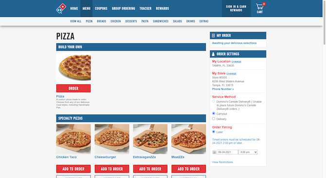 The Domino’s Pizza pizza page is organized by “Build Your Own” pizzas and Specialty Pizzas like the Chicken Taco, Cheeseburger, ExtravaganZZa, and MeatZZa. There’s also a sidebar on the right that helps customers keep track of their order and order settings.