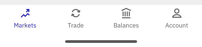 The Kraken Pro mobile app menu contains the following icons with labels: Markets (chart line with upward arrow icon), Trade (cycle arrow icons), Balances (bank icon), Account (user silhouette/outline icon).