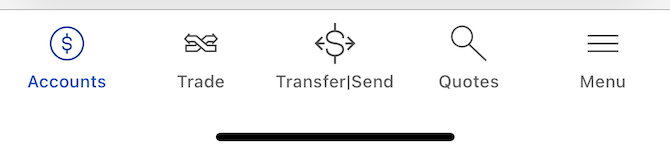 The Merrill Edge mobile app menu contains the following icons with labels: Accounts (dollar sign inside circle icon), Trade (criss-crossing arrows icon), Transfer|Send (dollar sign with arrows on each side icon), Quotes (magnifying glass icon), Menu (hamburger menu icon).