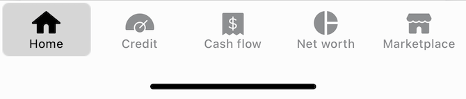 The NerdWallet mobile app menu contains the following icons with labels: Home (house icon), Credit (odometer icon), Cash flow (dollar sign inside a ticket icon), Net worth (pie chart icon), Marketplace (marketplace icon).
