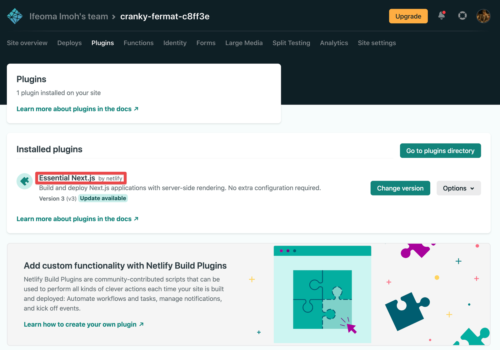 Dashboard showing Netlify’s Essential Next.js plugin