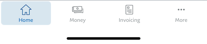 The PayPal for Business mobile app menu contains the following icons with labels: Home, Money, Invoicing, More.