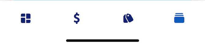 The PayPal Mobile Cash mobile app menu contains the following label-less icons: Overview (dashboard icon), Pay/Request (dollar sign icon), Deals (sales ticket icon), Activity (cards icon).