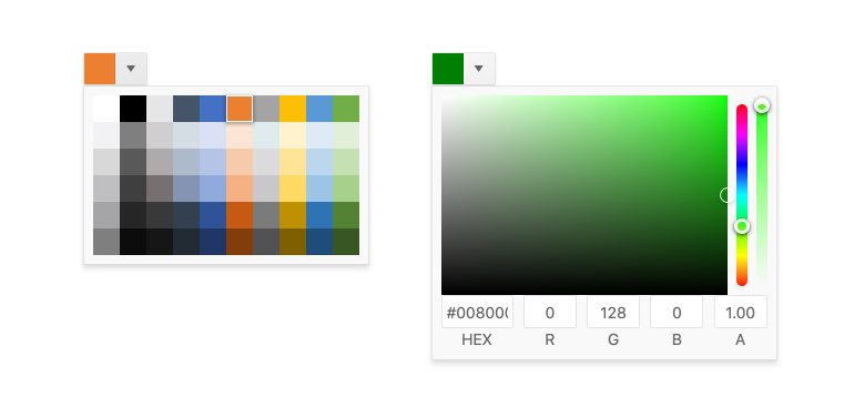 Kendo UI for Angular ColorPicker. Two ColorPicker options. On the left, a grid of square swatches the user can choose from. On the right, a gradated field of green, allowing very specific color selection, including hex or RGBA and two sliders for color and opacity.