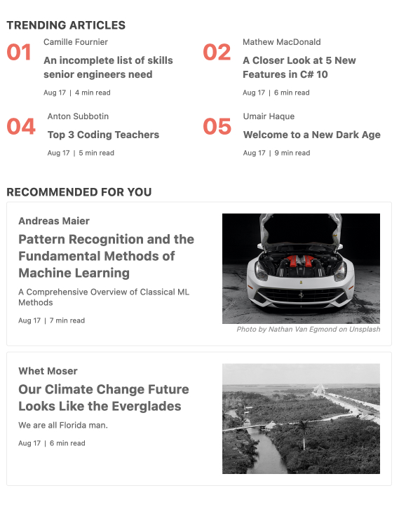 KendoReact GridLayout Component - Overview - On top are four trending articles, listed two-by-two with author, titel, date, length of read. Below are recommend for you articles in a card layout, with the same text information, plus an image for each article.