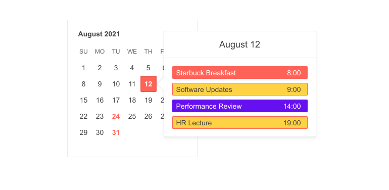 Sample of the Kendo UI for jQuery Popover Component appearing over a calendar to showcase all events happening on a particular day