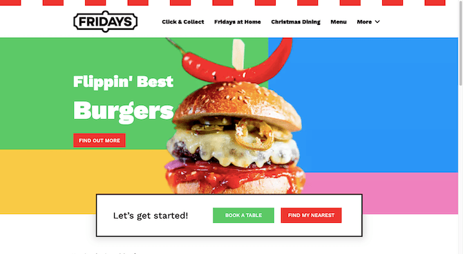 The TGI Fridays UK website in 2020 has a new logo that just says “FRIDAYS”. The hero image says “Flippin’ Best Burgers” along with a “Find Out More” button and a photo of one of its burgers. There’s a colorful grid in the background.