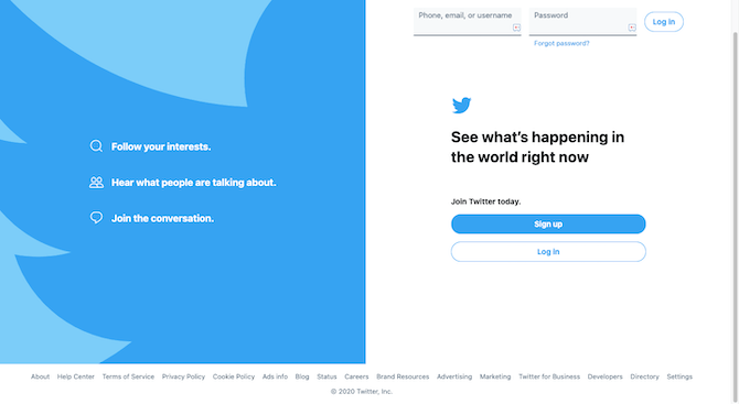 The Twitter login page in 2020 invites people to “See what’s happening in the world right now”. They can sign up or log in through the form.